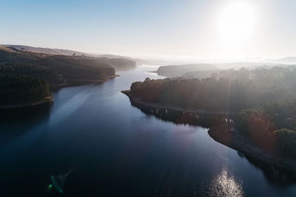 Aerial shot of Myponga Reservoir. The water, with the sun reflecting on it, is slitting two large banks of forest. 